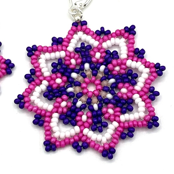HAND CRAFTED Purple Beaded Flower Chunky Earrings - Picture 4 of 8